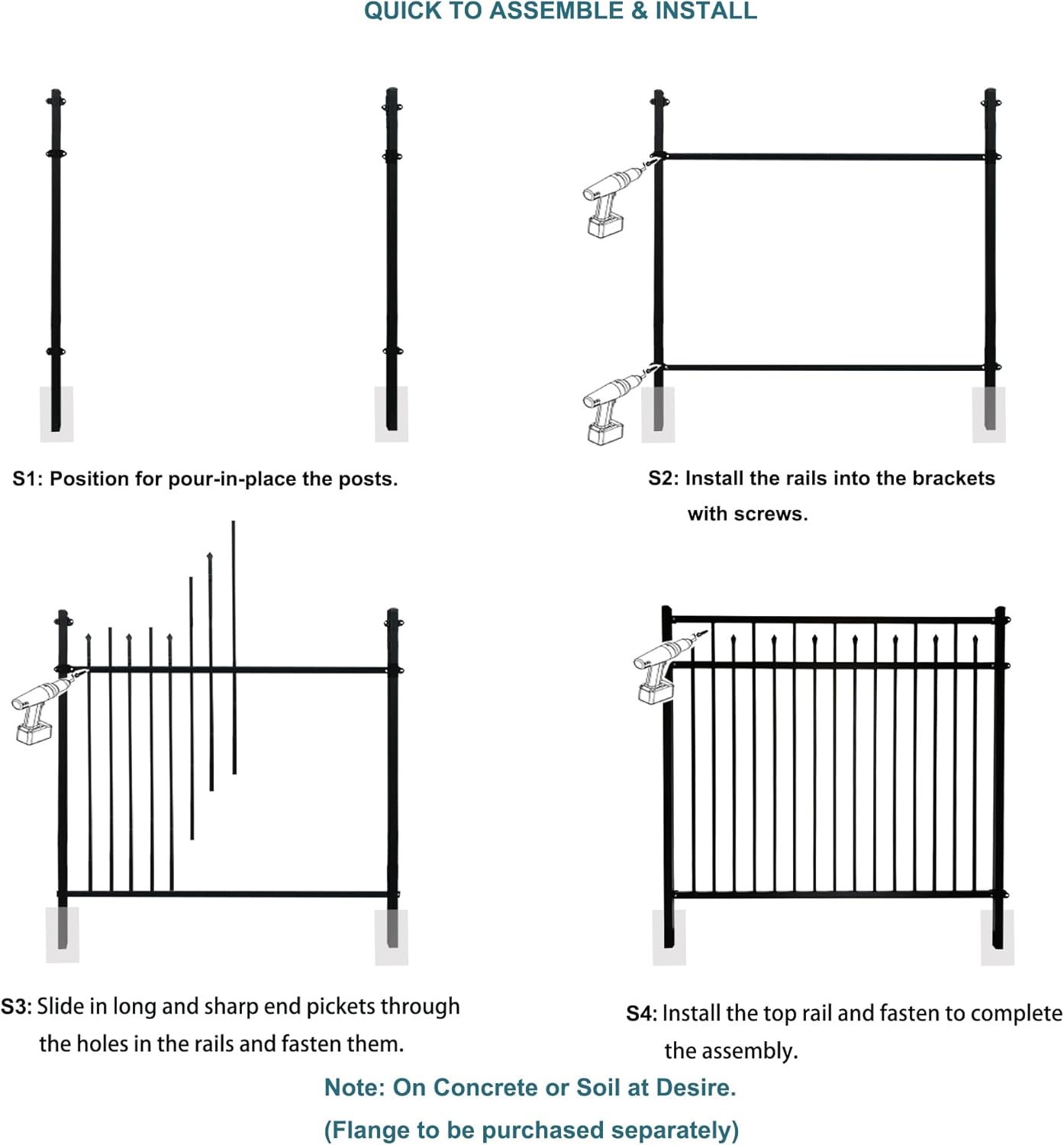 Galvanized Steel Fence Panel, 6ft H x 6.5ft W, Decorative DIY Installation for Outdoor Garden, Wrought Iron Style, Black