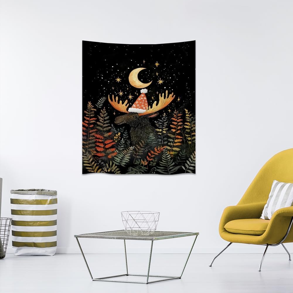 Cute Moose Tapestry Winter Christmas Aesthetic Wall Hanging Decor Funny Animal Lover Gift Whimsical Christmas Tapestries for Nursery Kids Bedroom Home Living Room Decoration 70x90inch