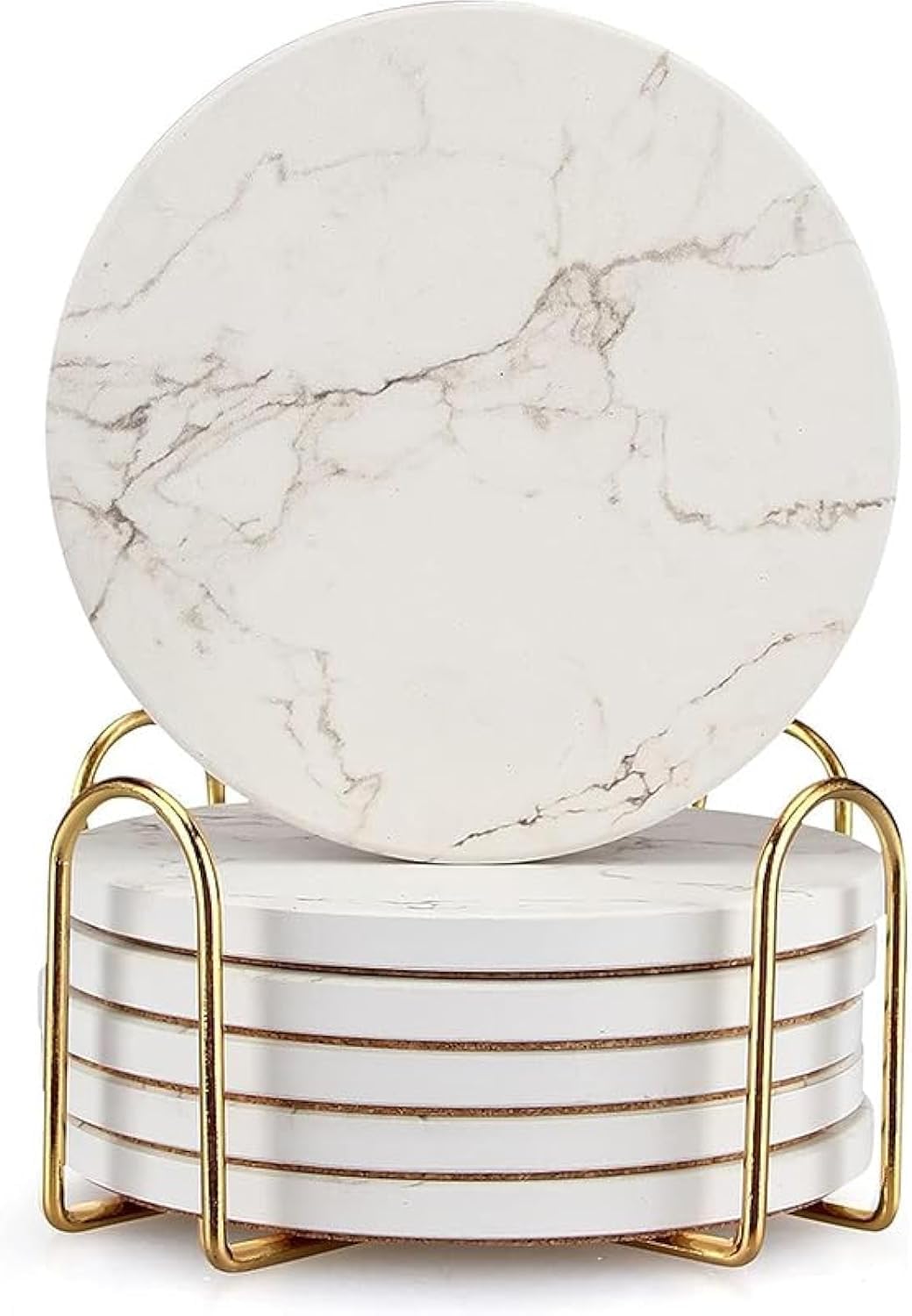 6 Pack White Marble Coaster Set with Holder Absorbent Drink Coasters Ceramic Cute Coaster Bar Dining Coffee Table Accessories Decor Gift Funny Cup Stone Modern Costers Cool Desk Beer Cork Coasters