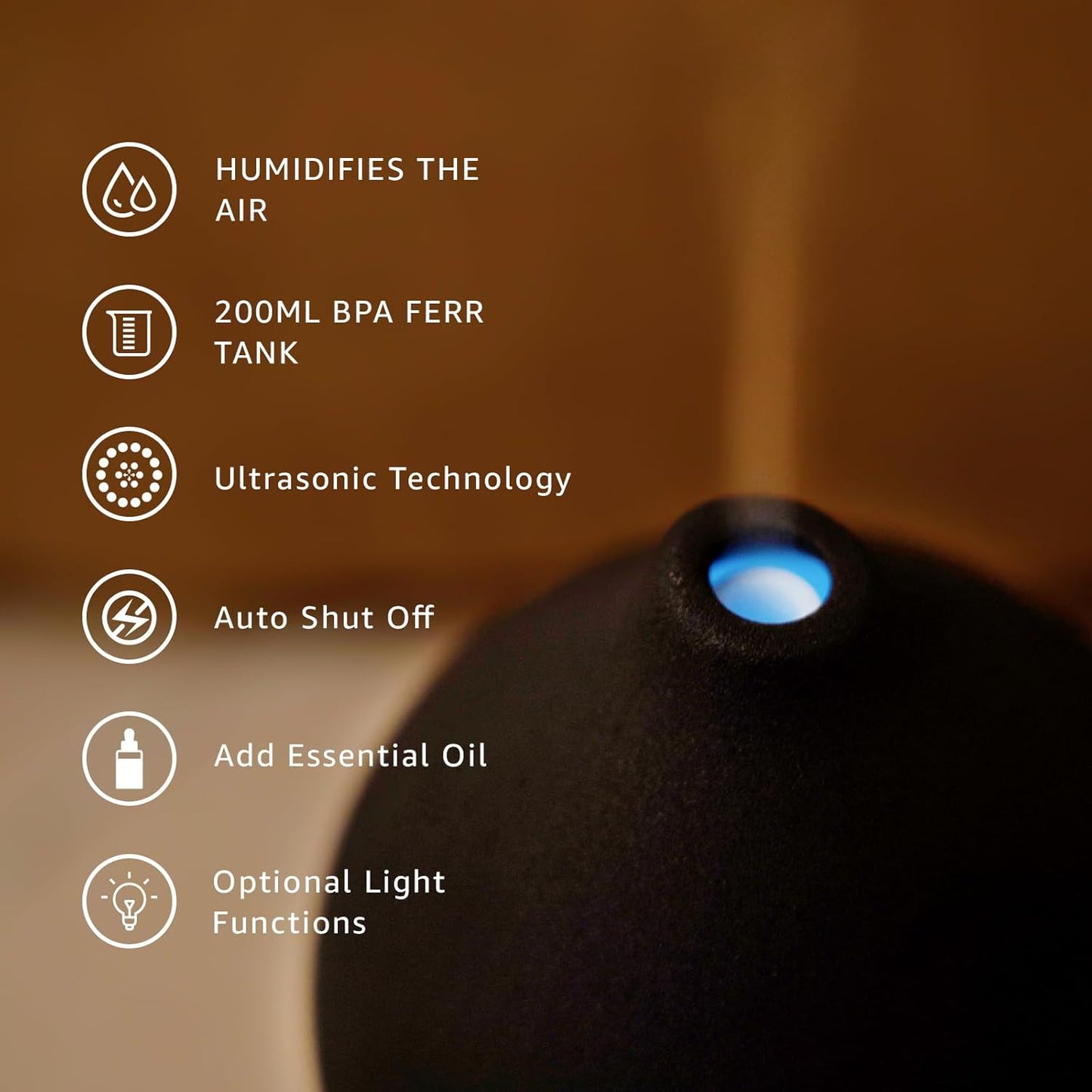 200ML Ceramic Essential Oil Diffuser - Ultrasonic Aromatherapy & Humidifier with 7-Color LED Lights, Auto Shut-Off, Black, 1H/3H/6H Timer | Scent for Home, Office, Yoga