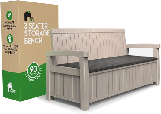 EconoHome 3 Seat Outdoor Storage Bench - 90 Gallon Capacity - Weatherproof Resin Bench for Patio, Porch, Garden, Yard, Pool Area - Furniture for Pool Accessories, Gardening Tools, Toys