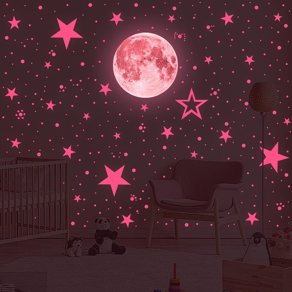 Glow in The Dark Stars and Moon Stickers for Ceiling, Luminous Wall Decals Decor for Bedroom Living Room, 407 dots + 27 Stars + 30cm Moon