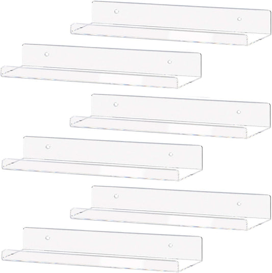 Weiai Clear Acrylic Shelf 15" Invisible Floating Wall Ledge Bookshelf, Kids Book Display Shelves Wall Mounted (15 Inch 6Pack)