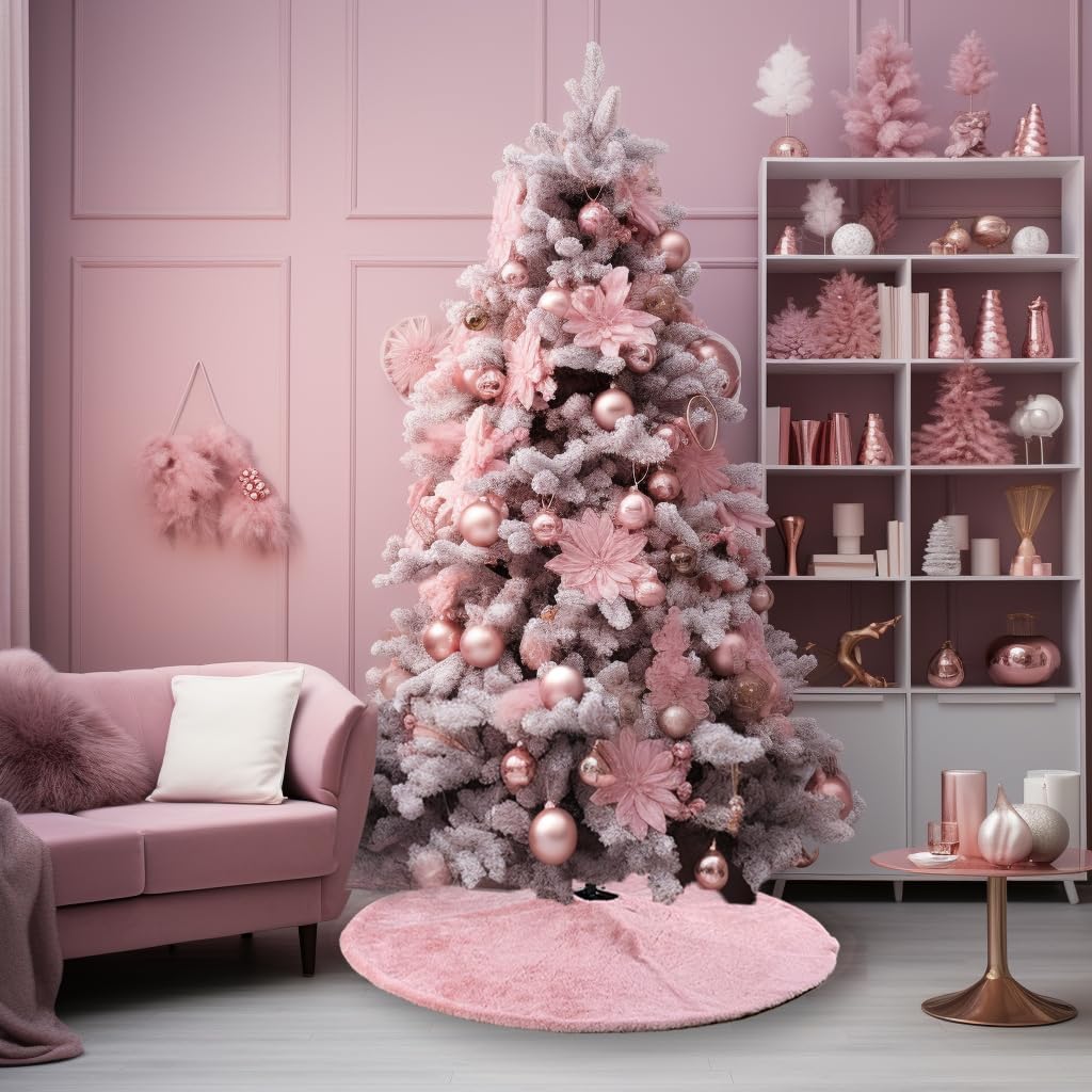 AOGU 48 Inch Faux Fur Christmas Tree Skirt Pink Shiny Plush Skirt for Merry Christmas Party Christmas Tree Decoration