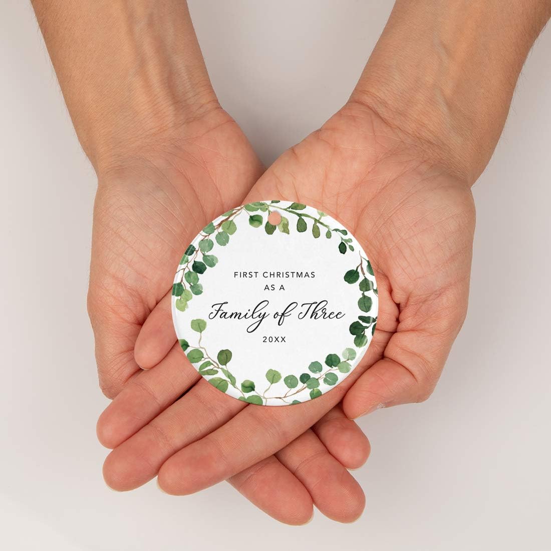 Andaz Press Custom Year Round Ceramic Porcelain Christmas Tree Ornament Keepsake Collectible Gift, First Christmas as a Family of Three 2025, Farmhouse Eucalyptus Wreath, 1-PackNew