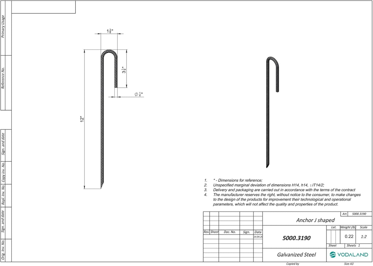 Vodaland Rebar Stakes J Hook Extra Heavy Duty 1/4 inch Coated Steel Ground Anchors with Chisel Point End (100)