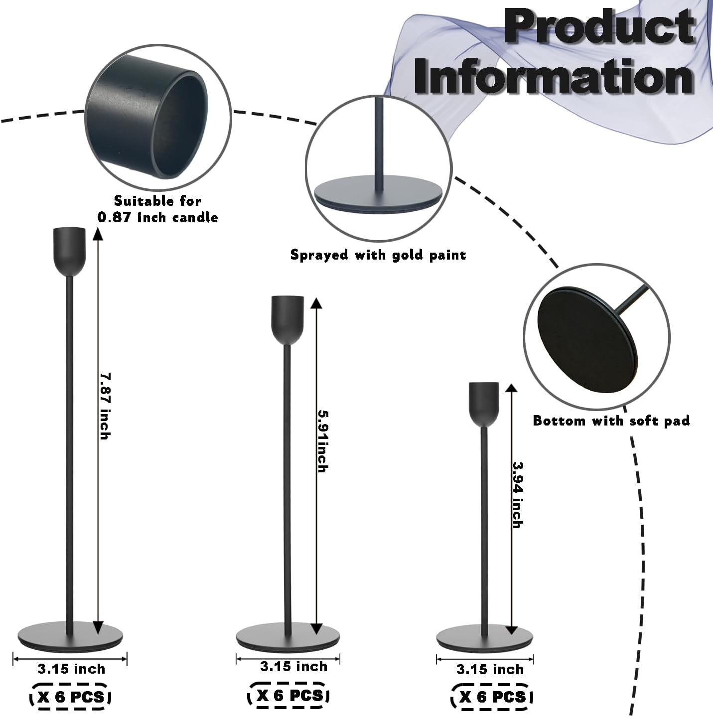 Matte Black Taper Candle Holders Set of 18 – Mixed Heights Metal Candle Stands