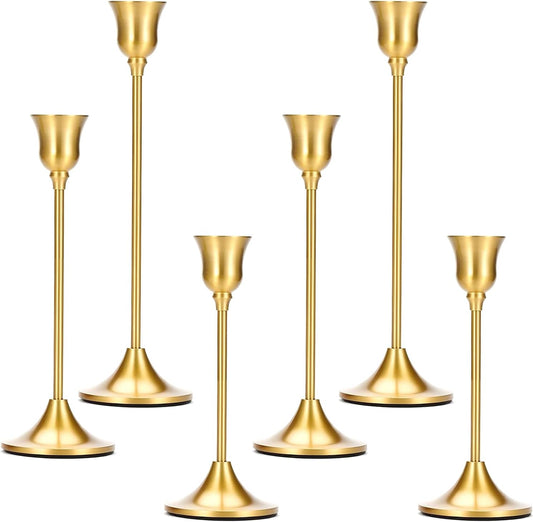 Vintage Brass Taper Candle Holders Set of 6 – Minimal Gold Table & Mantel Decor