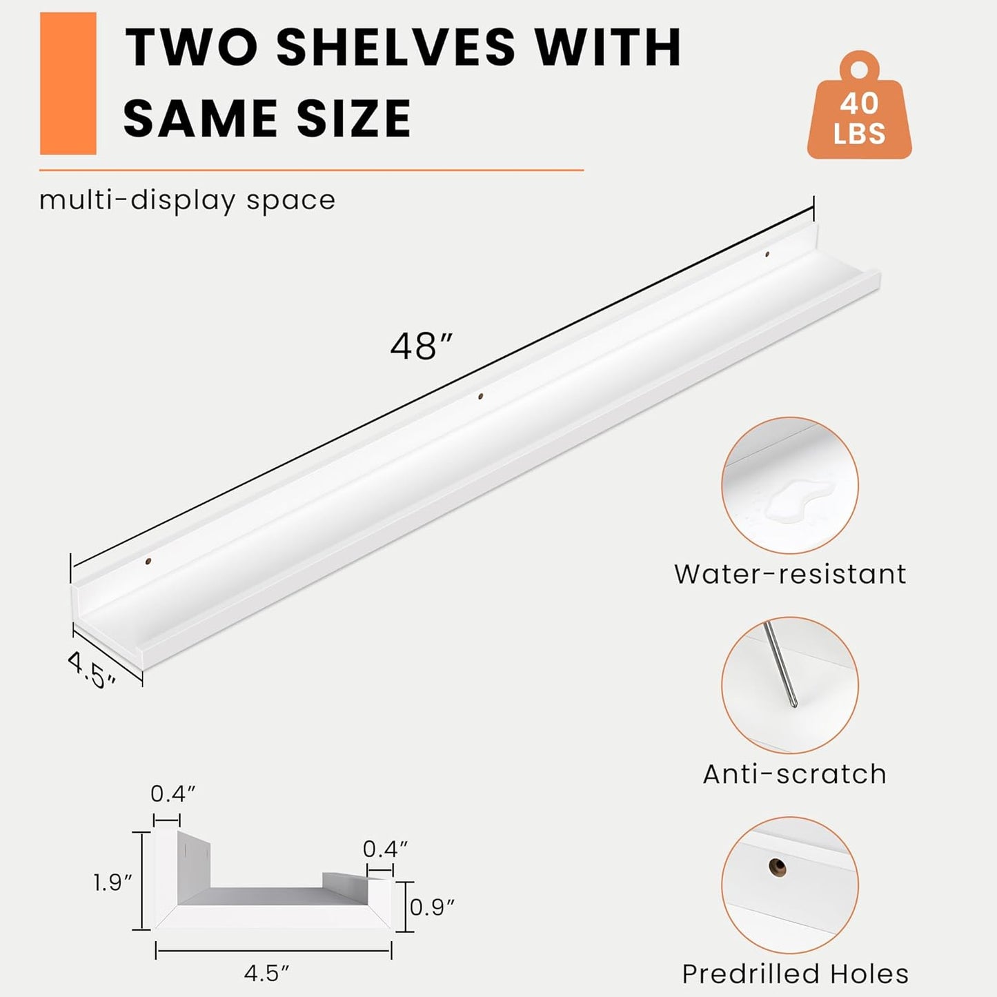 Heimlove 48” Floating Picture Ledge Shelves Set of 2 — Modern Wall Storage Display Shelf for Living Room, Bedroom & Office