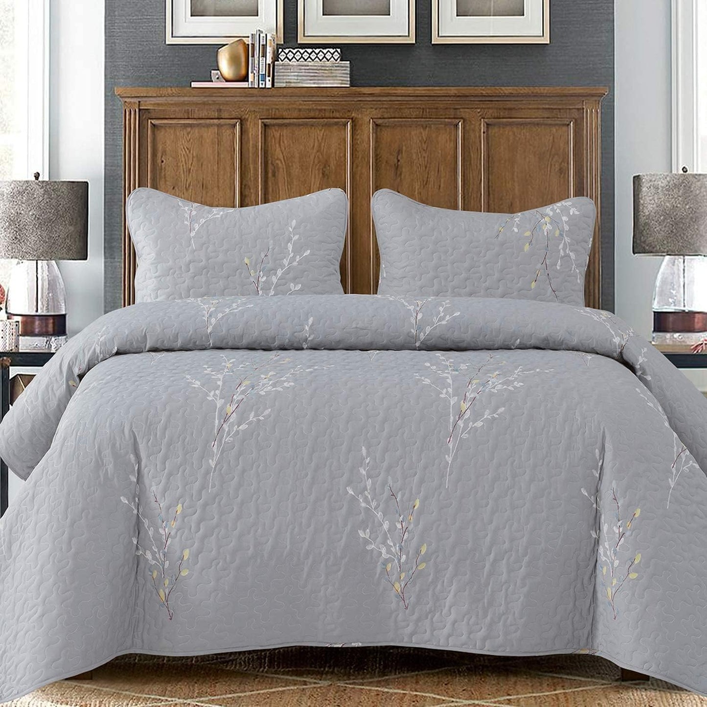 Exclusivo Mezcla Reversible Boho Quilt Set Queen Size, 3 Pieces Flowers Grey All Season Bedspreads, Ultra Soft Floral Coverlet Bedding Set with Printed Pattern (1 Quilt, 2 Pillow Shams)