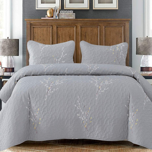 Exclusivo Mezcla Reversible Boho Quilt Set Queen Size, 3 Pieces Flowers Grey All Season Bedspreads, Ultra Soft Floral Coverlet Bedding Set with Printed Pattern (1 Quilt, 2 Pillow Shams)