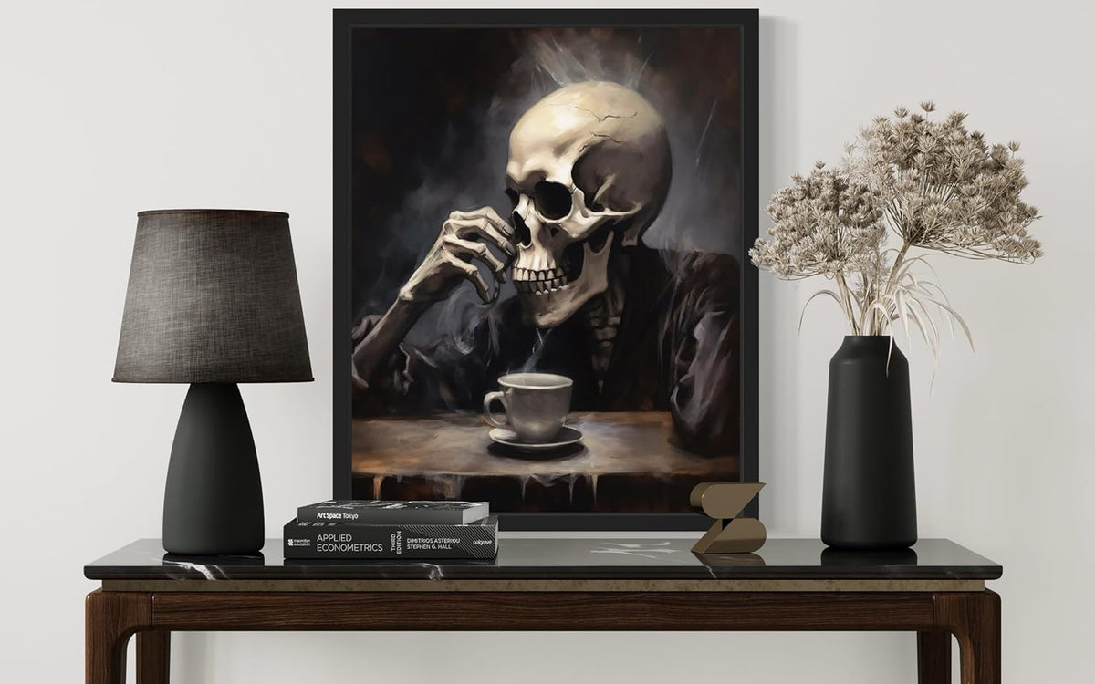 Skull Drinking Coffee Poster Art Print, Halloween Scary Vintage Wall Art Academia Spooky Painting Decoration for Horror Prints, Gothic Posters Bedroom Decor 89 (Skull Drinking Coffee, 16 x 20 inches, Black Frame)