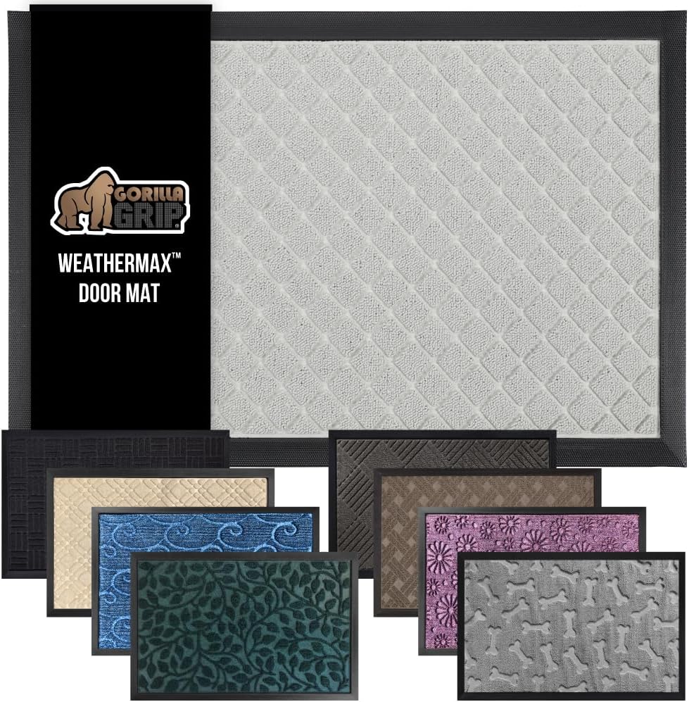 GORILLA GRIP 100% Waterproof All-Season WeatherMax Doormat US Designed Natural Rubber, Stain and Fade Resistant, Low Profile Indoor Outdoor Door Mats, Easy Clean Patio Mat, 17x29, Light Gray