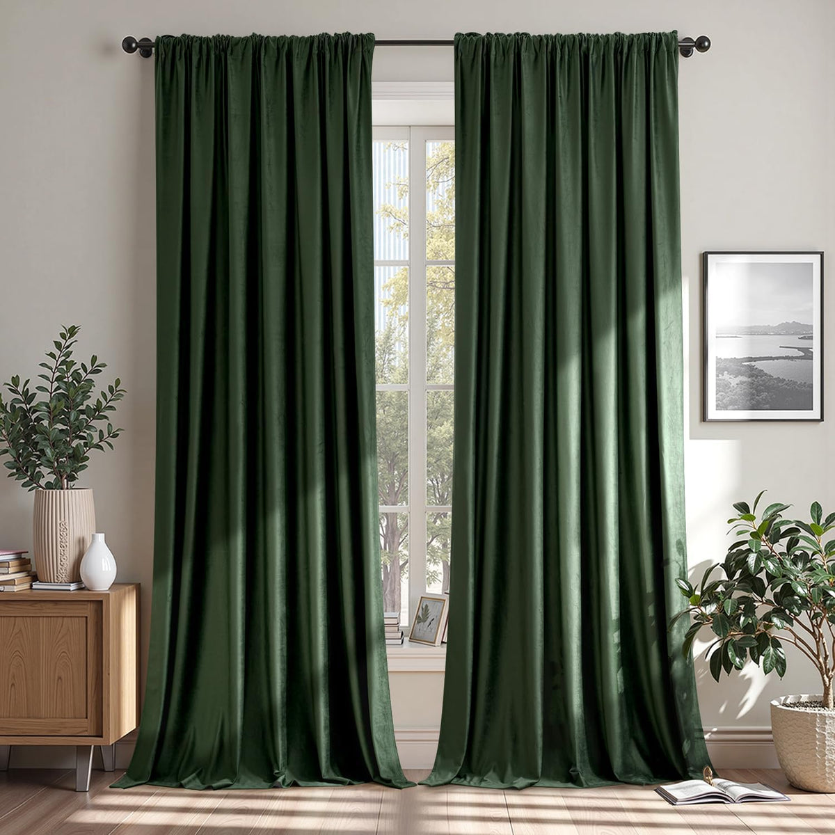 MIULEE Olive Green Velvet Curtains 96 Inches Long, Thermal Insulated Blackout Drapes for Bedroom Living Room Patio Door, Light Blocking Window Panels, Rod Pocket, Set of 2 W66 x L84