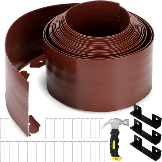 6 Inch Tall 33 ft Length Landscape Plastic Edging Kit with Hammer Spikes Plastic Garden Flower Bed Edging Landscape Border for Gardens Border Grass Yard Lawn (Brown)