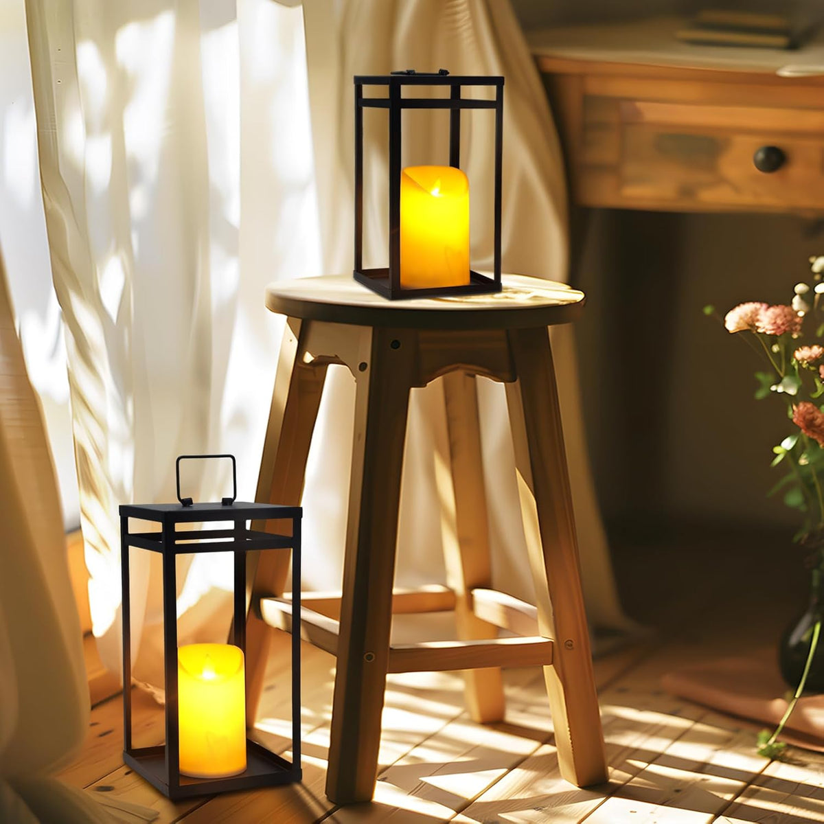 Modern Black Metal Lantern Set (2-Pack) with Flameless LED Candles