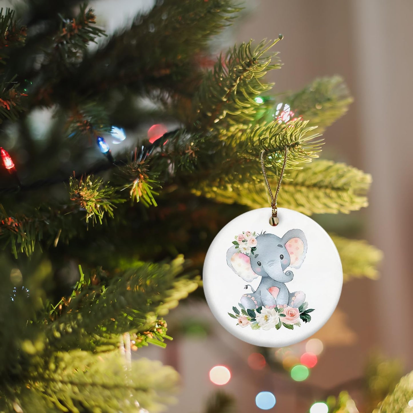 Elephant Ornament, Elephant Ornaments for Christmas Tree, Elephant Gifts for Women, Elephant Floral Ceramic Christmas Ornaments, Elephant Decorative Hanging Ornament