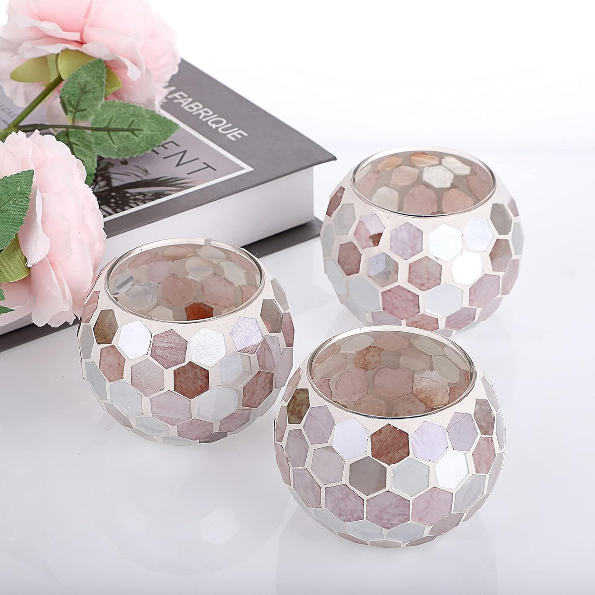 Set of 3 Mosaic Glass Tea Light Holders Round Bowl Votive Candle Holders Pillar Candle Stands, Glass Mosaic Tealight Holders Potted Plant Bowl Vase Candle Centerpiece for Dining Table Wedding