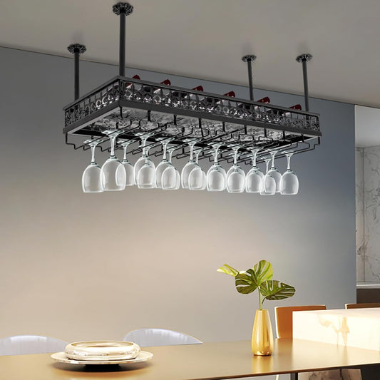 Hanging Wine Rack with Glass Holder, Ceiling Wine Glass Rack 13.78-21.65 inch Height Adjustable Industrial Hanging Wine Rack Ceiling Mounted Metal Wine Shelf Holder for Bar Cafe Kitchen (black)