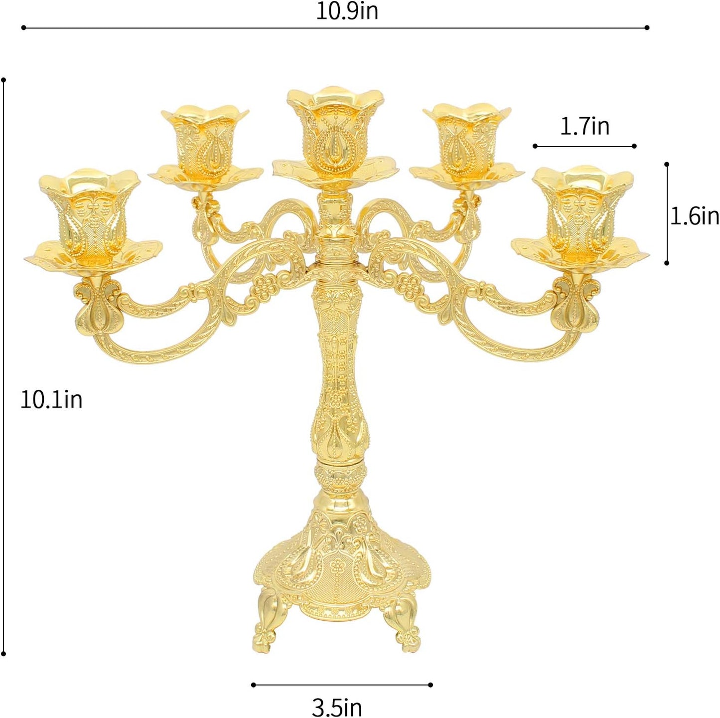 Gold 5 Arm Metal Candelabra Candle Holder — Elegant Tall Centerpiece for Dining Table, Wedding Decor, Fireplace Mantel, Vintage Gold Candlestick Holder