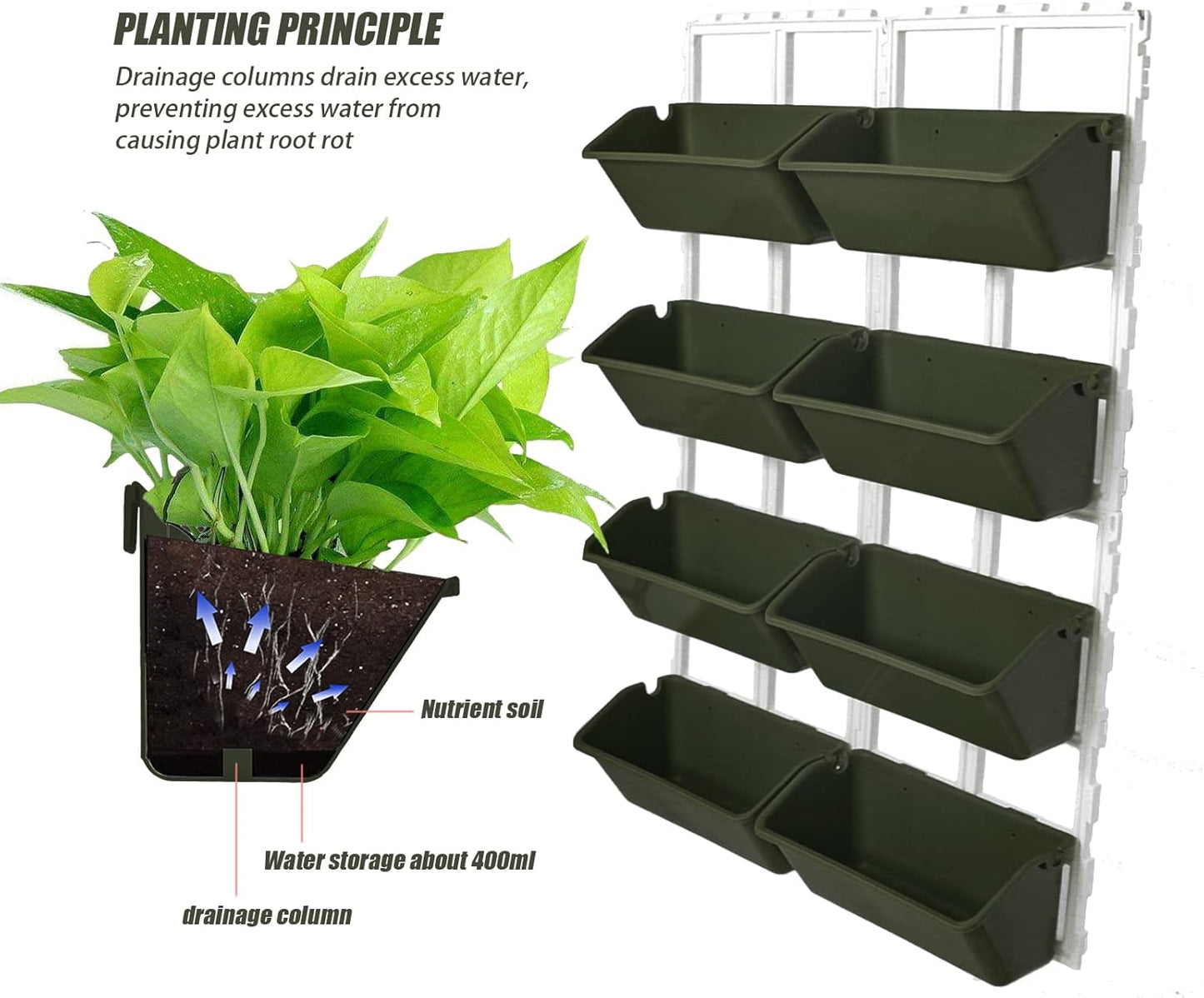 8 Pockets Vertical Planters,Wall Mounted Plastic Plant Grow Pots,Wall Pocket Planters for Indoor,Outdoor,Balcony,Garden Decoration,Green