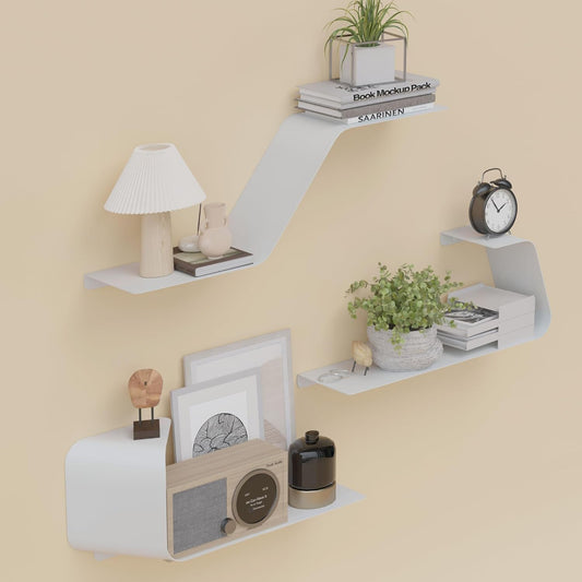 Floating Shelves, Wall Shelf, Set of 3 Wall Mounted Metal Shelves with Unique Design for Wall Storage, Book Shelf, Display Shelves for Bathroom Bedroom Kitchen Living Room for Home White