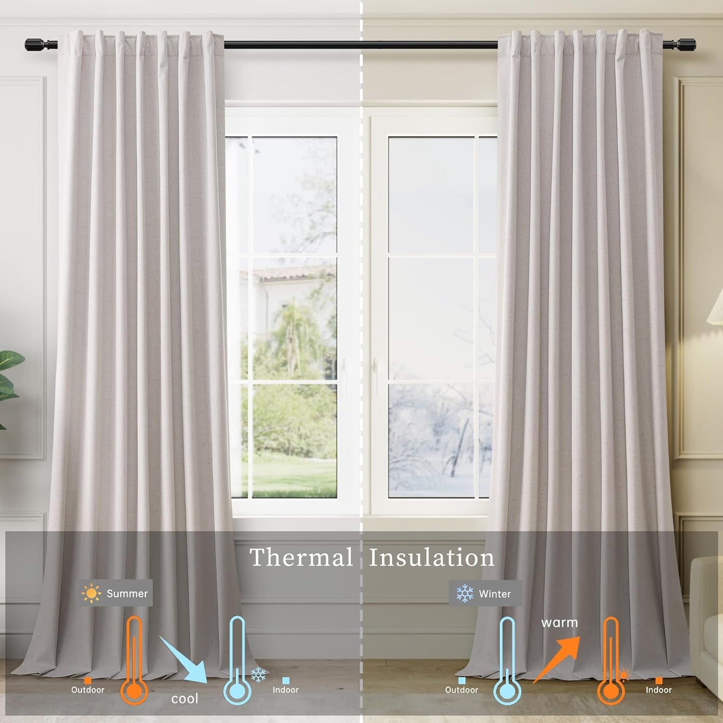 BOODII 63 Inch Blackout Curtains Linen Black Out Curtains for Bedroom 2 Panels Set Neutral Room Darkening Curtain Champagne Thermal Insulated Curtain for Nursery Window Drapes Back Tab 52x63