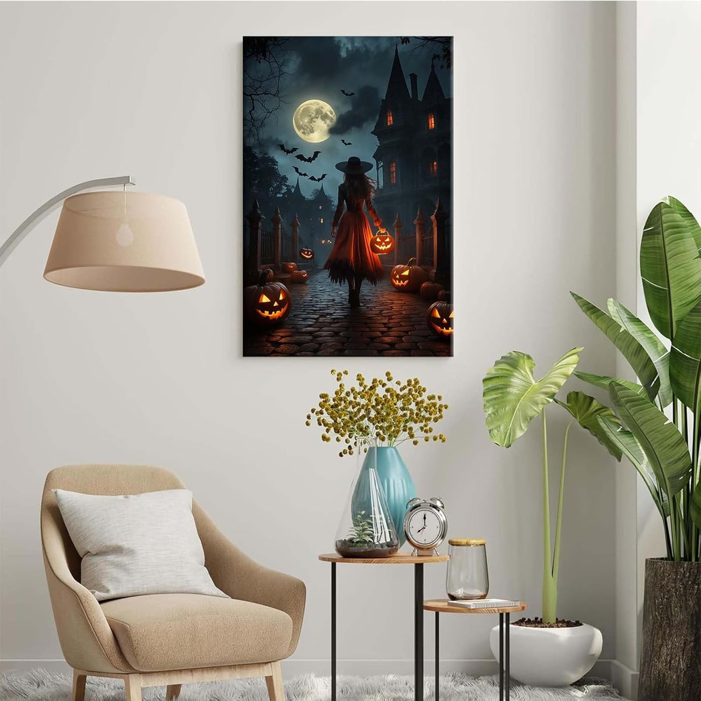 Halloween theme poster moonlit autumn night witch vintage poster art print dark college style gothic painting canvas wall decoration bedroom living room ideal gift28x40in Wood Framed