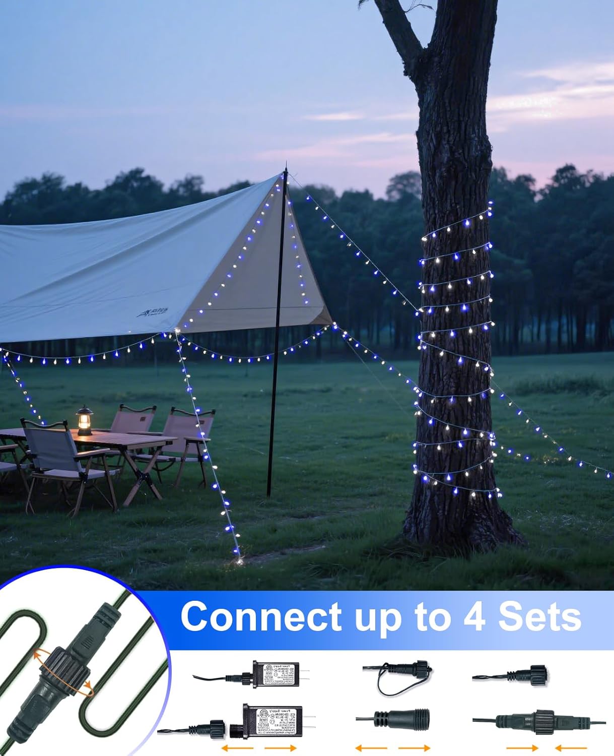 80FT 240 LED Christmas Lights Outdoor, Plug in Christmas Tree Lights Waterproof, 8 Modes & Timer, Connectable Green Wire String Light for Indoor Home Garden Party Holiday Decorations, Blue White