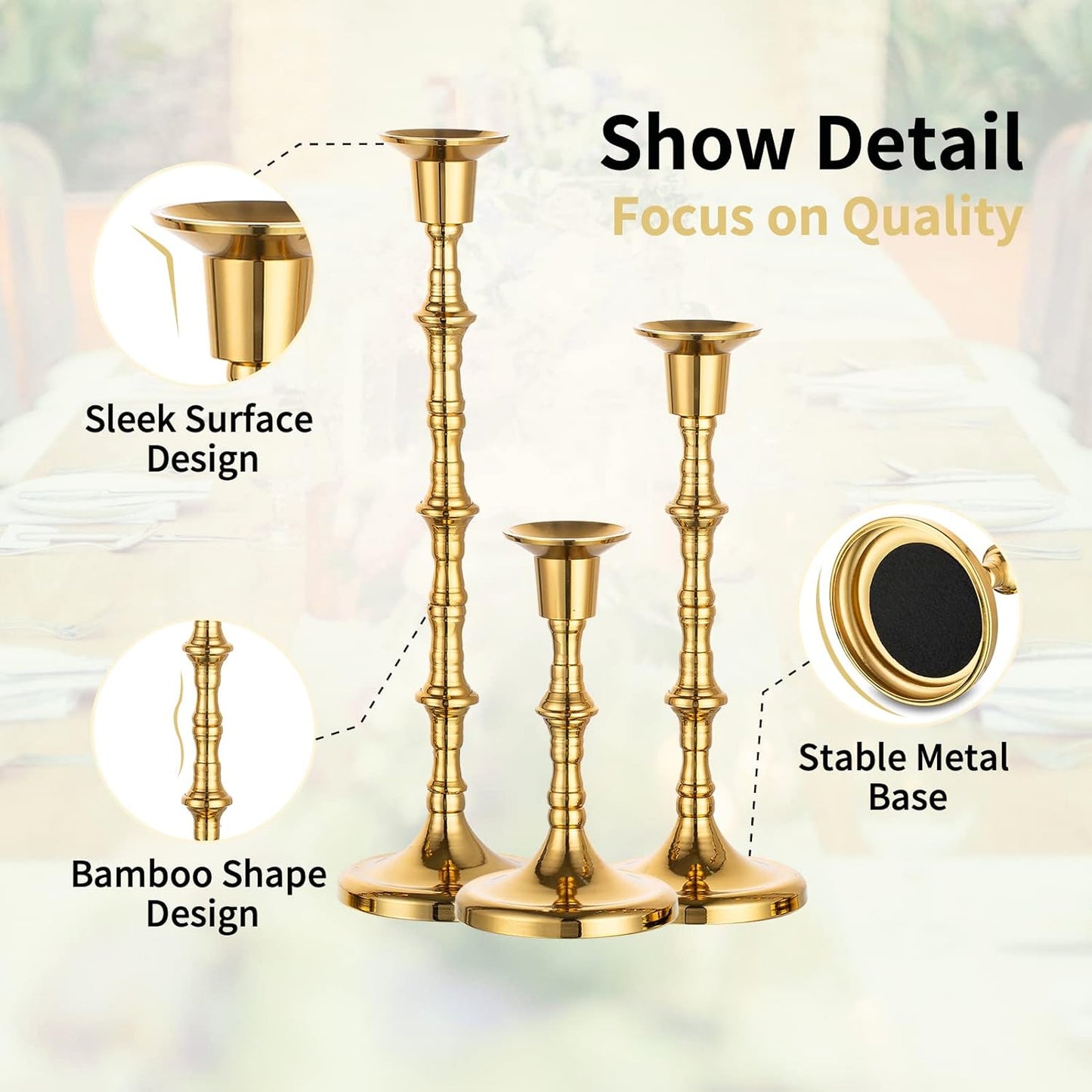 Gold Taper Candlestick Holders Set of 3 – Vintage Brass Candle Holders for Table & Fireplace Decor