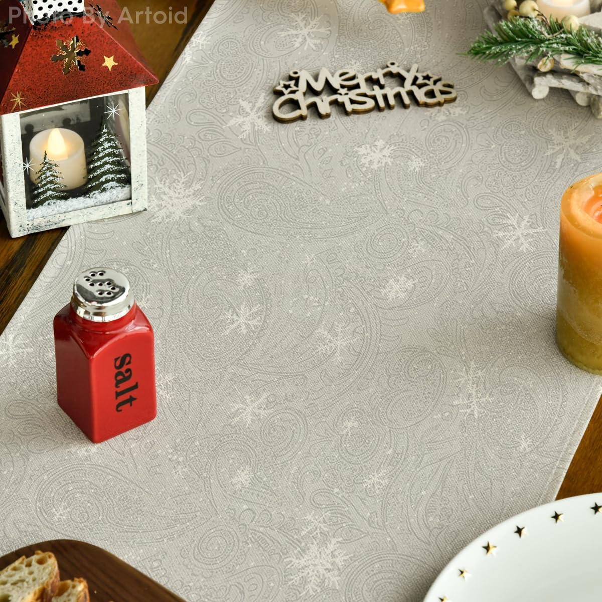 Artoid Mode Snowman Birds Trees Christmas Table Runner, Seasonal Silver Winter Holiday Kitchen Dining Table Decoration for Home Party Decor 13 x 36 Inch