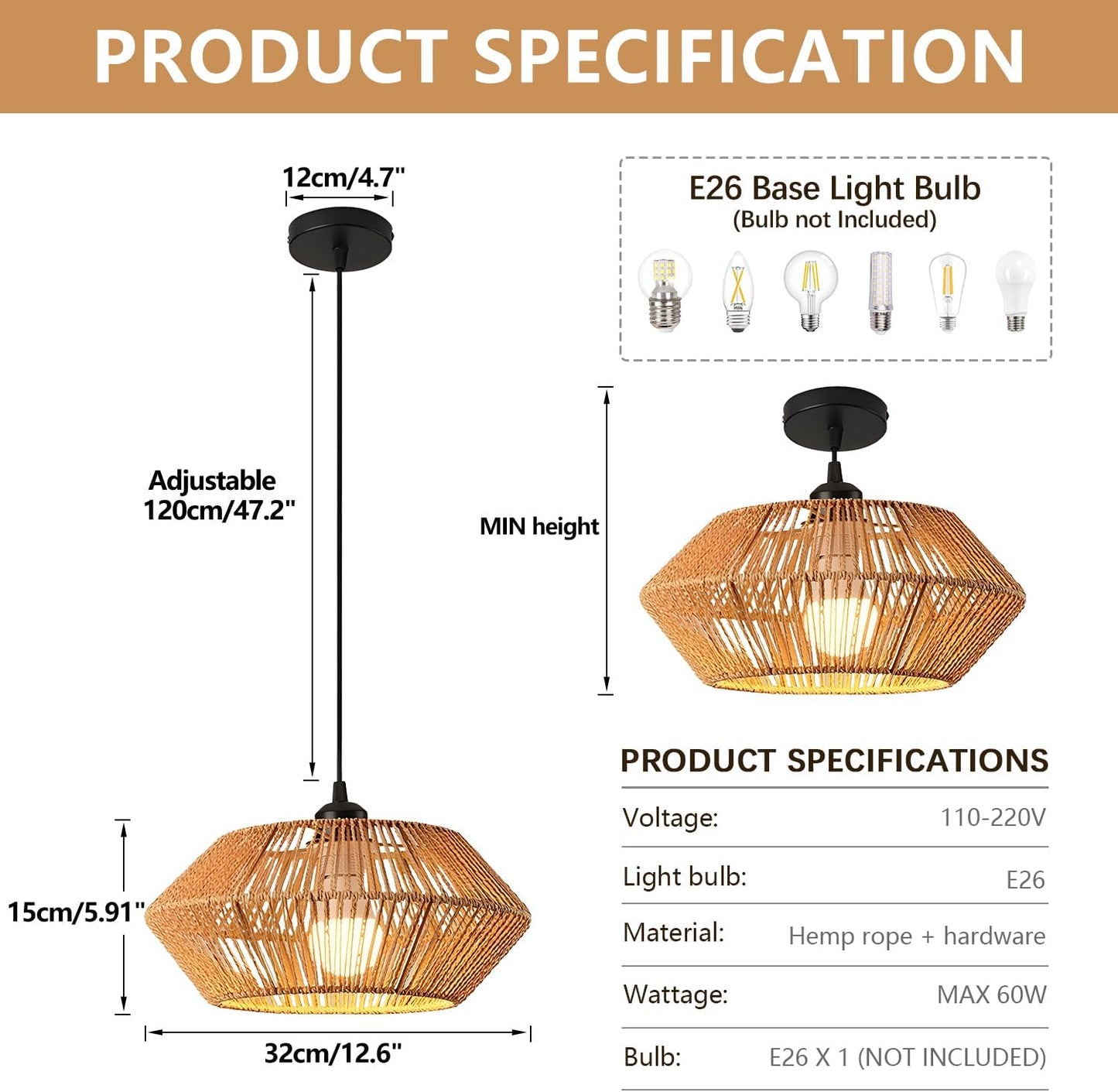 Rattan Pendant Light Fixture Ceiling Bohemian Chandelier Wicker Pendant Light 12.2in Woven Hanging lamp for Bedroom Kitchen Island Hallway