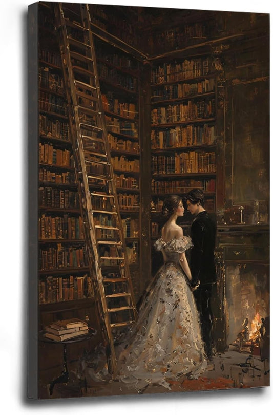 Gothic retro library scene decoration melancholy calm art college style wall aesthetic antique style home decoration suitable for bedroom living room20x30in Wood Framed