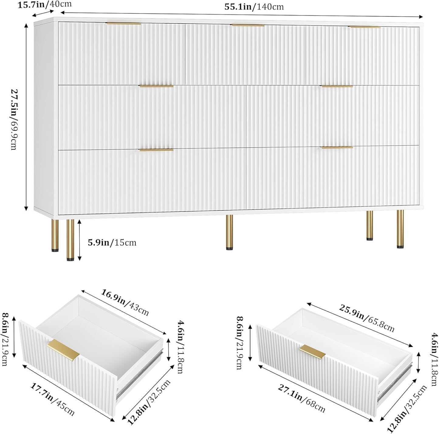 GarveeHome 7 Drawers Dresser for Bedroom, Fluted Chest of Drawers with Gold Handle, Wood Modern Dresser for Closet, Bedroom Furniture Storage Organizer for Living Room, Hallway, White