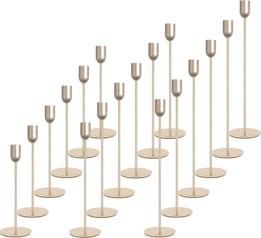 Gold Metal Candle Holder Set (18 pcs), Slim Taper & Pillar Candle Stands for Table Styling