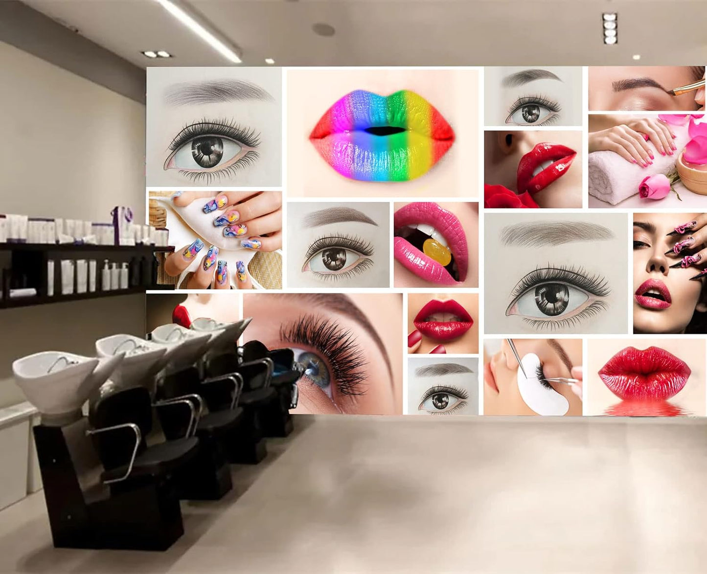 Beauty Salon Nail Enhancement Lipstick Eyelashes Wall Mural Wallpaper 137" x 100"