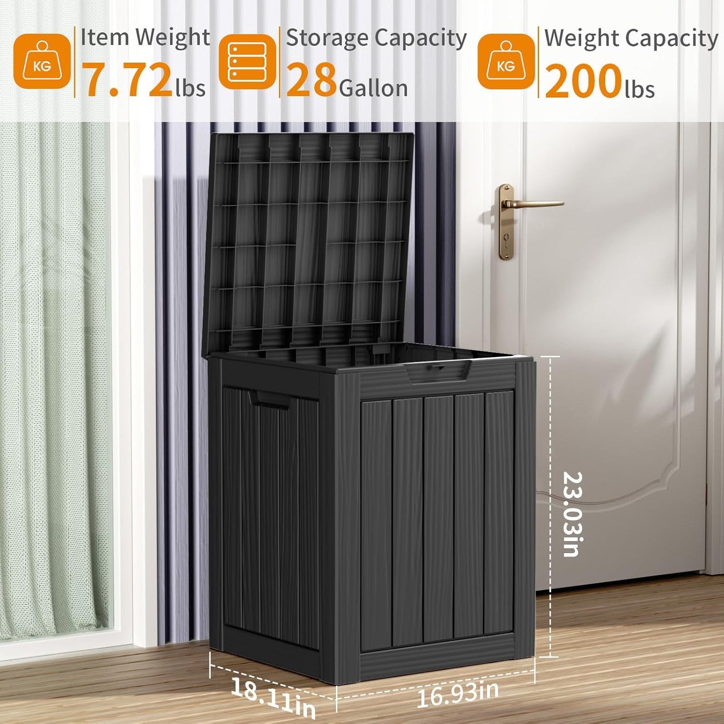 28 Gallon Outdoor Deck Box,Storage Lockable Waterproof Patio Furniture,Garden Tools,Cushions,Pool Accessories Outside Storage Resin Box(SM Black)