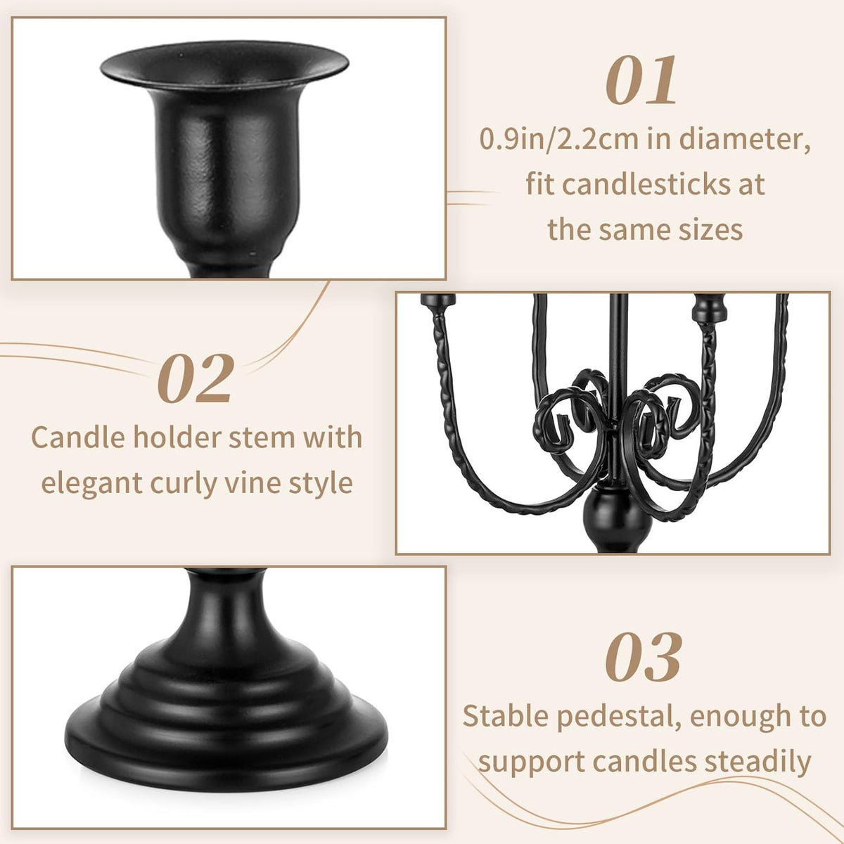 Candelabra Candles Holder Centerpieces - Black Candlestick Holders Bulk for Halloween Vintage Tabletop Candelabras for Party Events Holiday, 6 Pieces