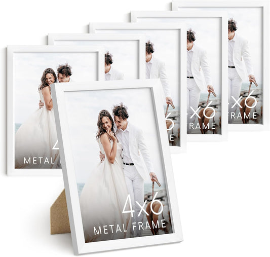 HAUS AND HUES 4x6 White Metal Picture Frames - White 4X6 Photo Frames - Features Premium Aluminum, Vertical Hanging, Easel Back for Tabletop, Home, Office (4x6 in, White, Set of 6)