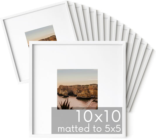 HAUS AND HUES 10x10 White Metal Picture Frames Matted to 5x5 - Features Premium Aluminum & Hanging Hardware, Shatterproof Plexiglass - Ideal for Home, Room, Office (10x10 in, White, Set of 15)