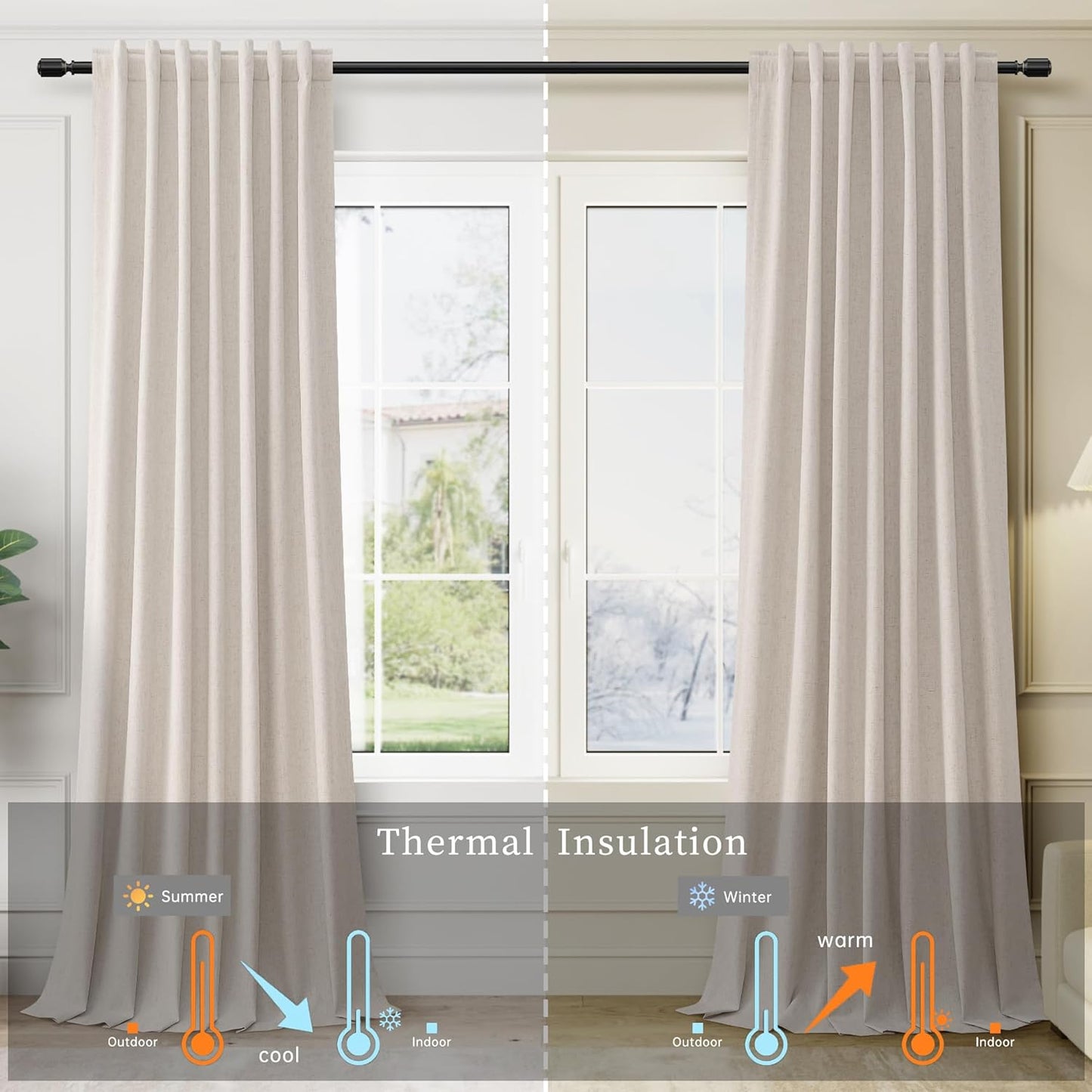 BOODII 63 Inch Blackout Curtains Linen Black Out Curtain for Bedroom 2 Panels Set Neutral Room Darkening Curtains Sand Beige Thermal Insulated Curtain for Nursery Window Drapes Back Tab 52x63