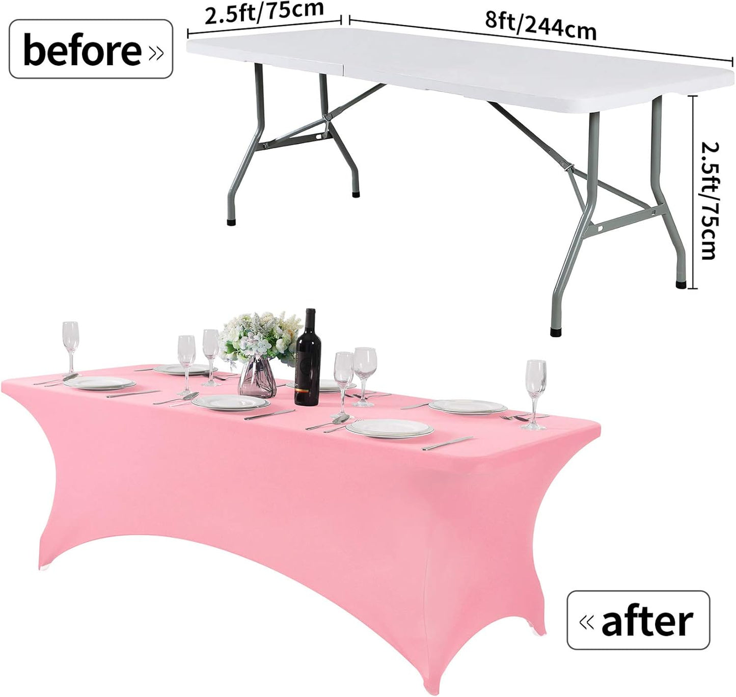 2Pack Spandex Table Cover for 8FT or 4ft or 6ft Table Universal Fitted Stretch Tablecloth for Party, Banquet, Wedding and Events-Rose Quartz
