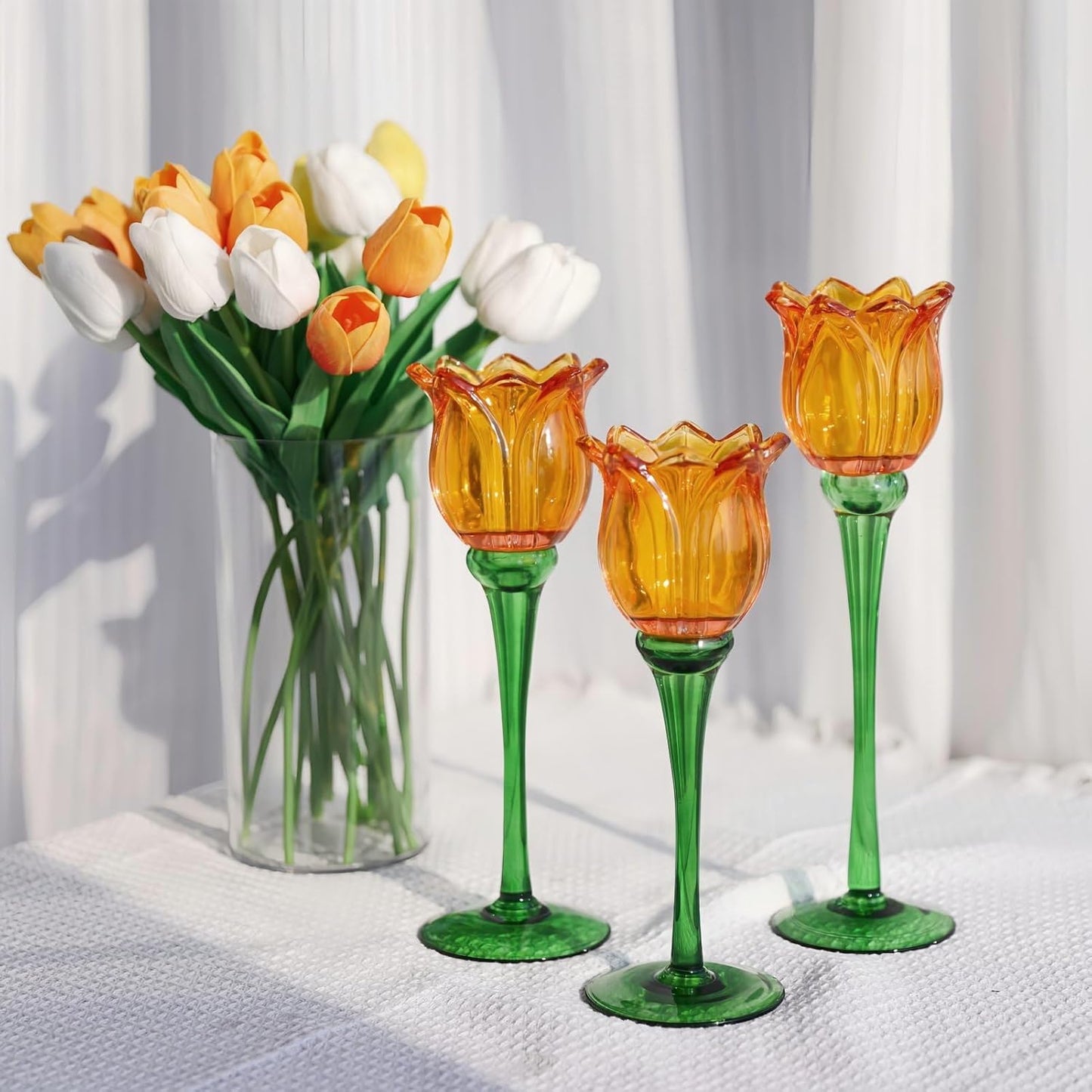 Orange Tulip Glass Votive Candle Holders, Sculptural Table Accent (Set of 3)