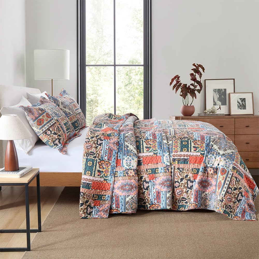 Autumn Dream Cotton Bedspread Quilt Sets, 3 Pieces Reversible Comforter Coverlet Sets, Vintage Gorgeous Bohemian,King Size