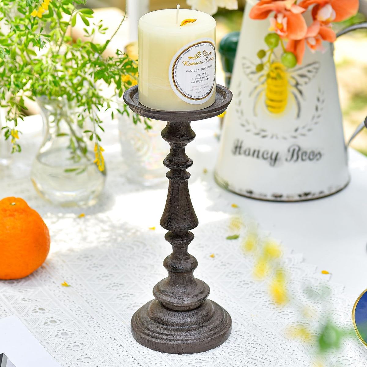 Rustic Cast Iron Pillar Candle Holder, 9.6" Tall Vintage Candlestick Holders, Table Centerpiece Metal Candle Holder, Farmhouse Candle Stand for Fireplace Shelf Home Decor