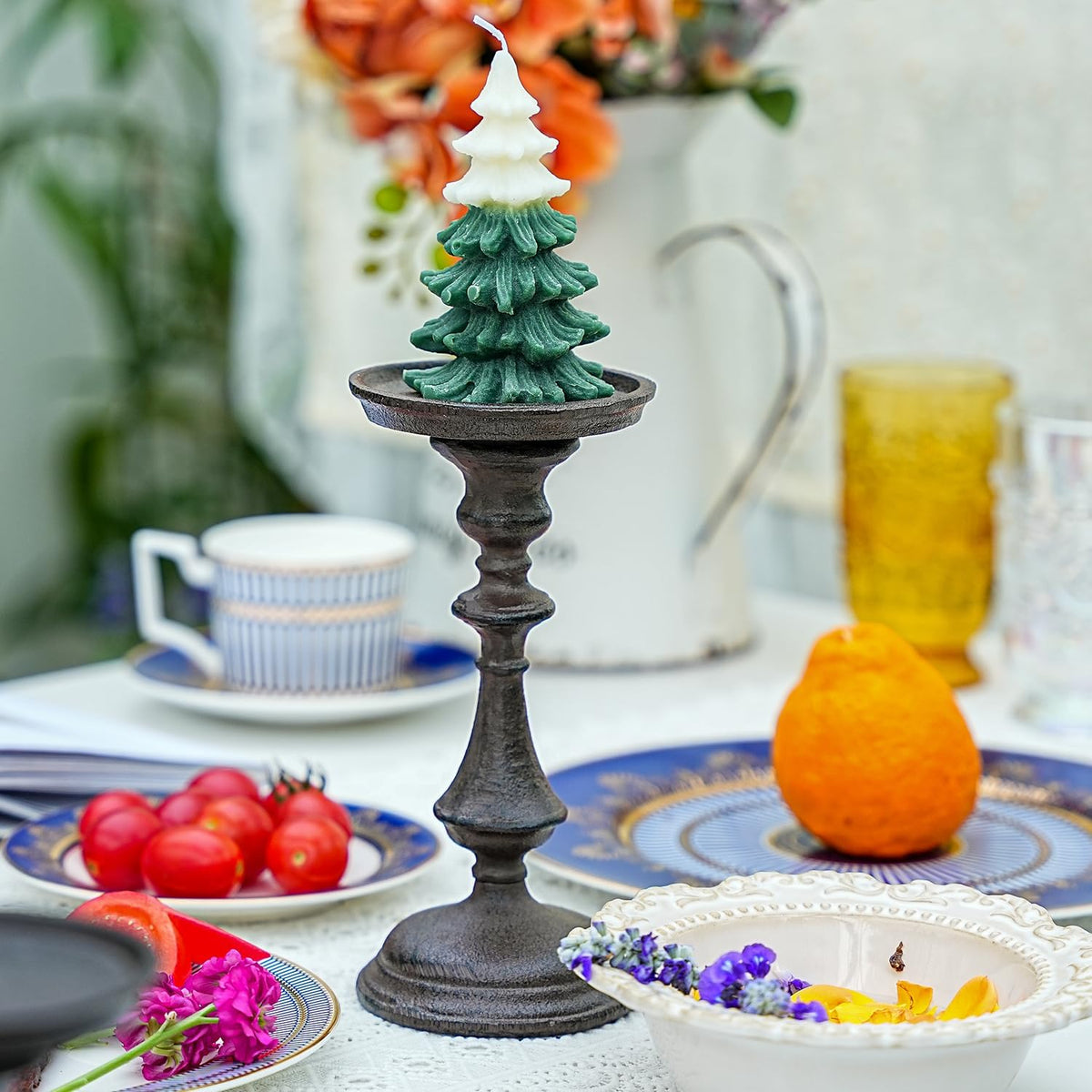Rustic Cast Iron Pillar Candle Holder, 7.8" Tall Vintage Candlestick Holders, Table Centerpiece Metal Candle Holder, Farmhouse Candle Stand for Fireplace Shelf Home Decor