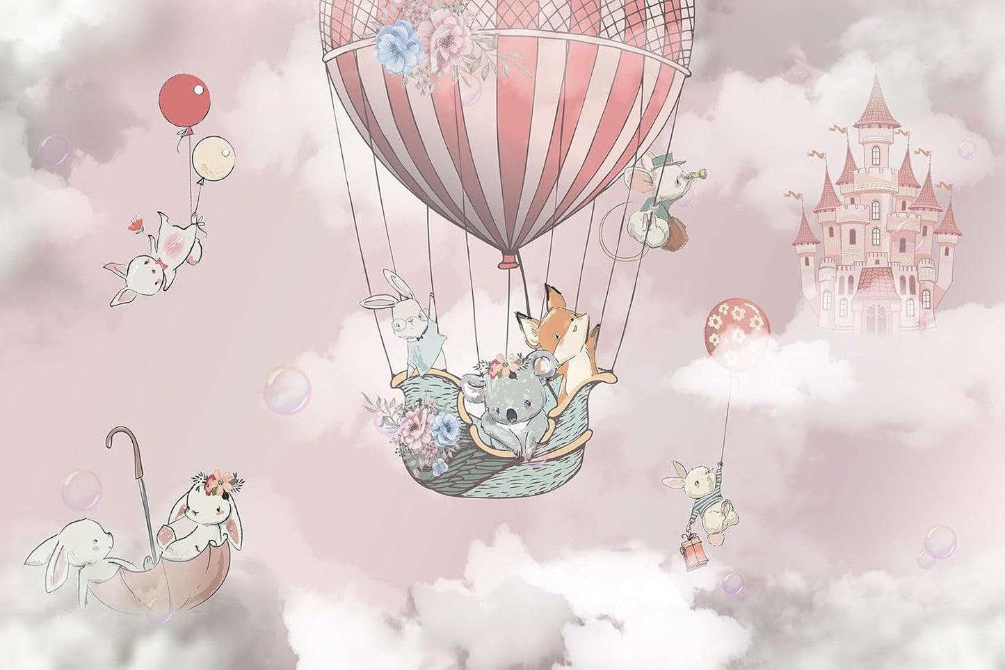 Animal Castle hot air Balloon Pink Wallpaper for Girls Room Wall Decoration Mural（Not Peel and Stick）