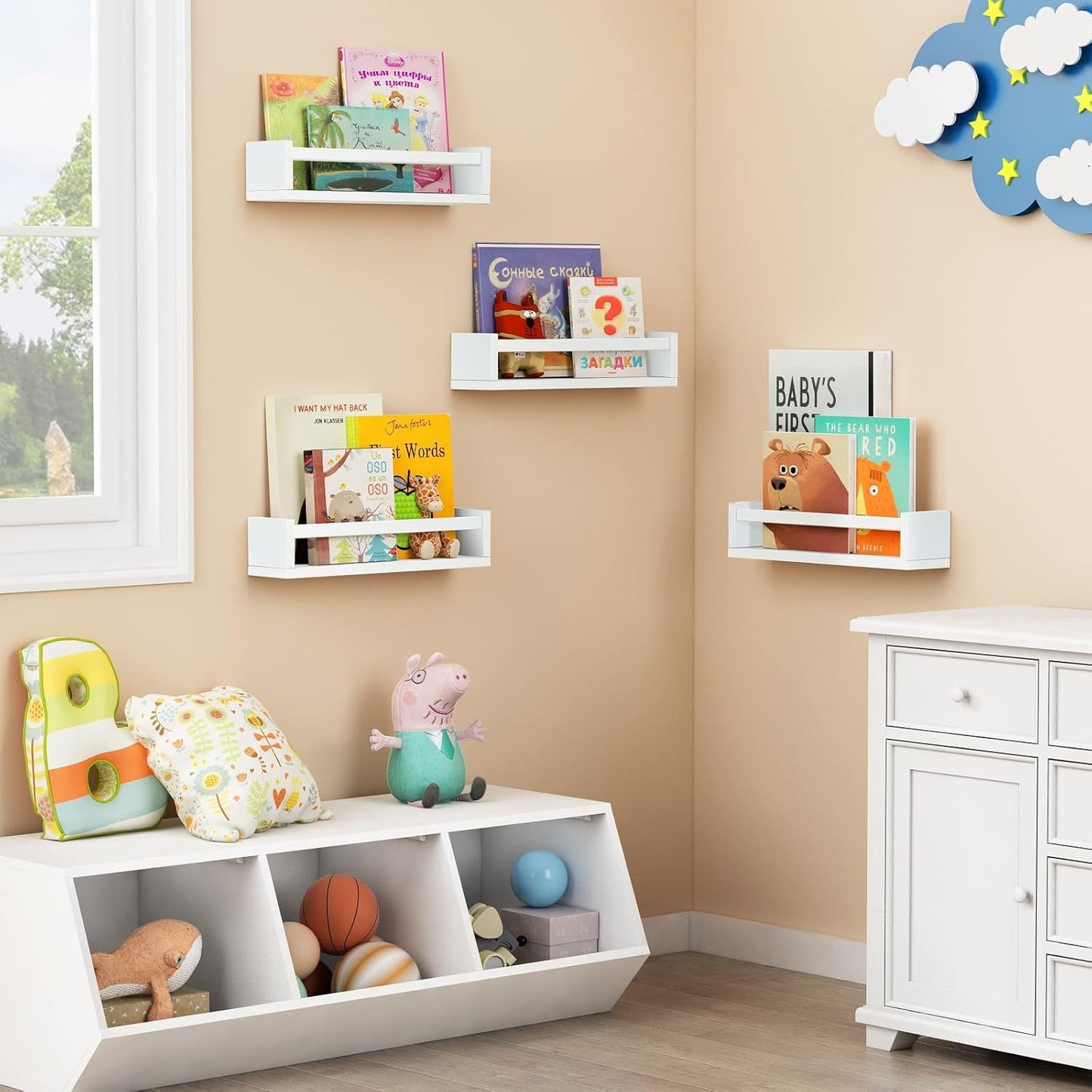 Forbena Floating Nursery Book Shelves for Wall Set of 4, White Wall Bookshelf for Kids Room, Small Wood Book Shelf Bookshelves for Baby Teen Boys Girls Bedoom Bathroom Toy and Decor Storage