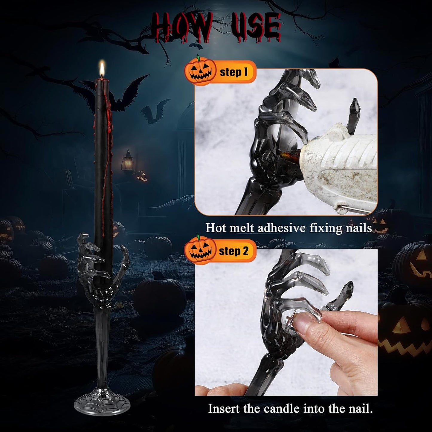 2 Pcs Halloween Skull Candle Holders Halloween Table Centerpieces Fireplace Decorations Skeleton Gothic Decor Horror Skeleton Skull Candlestick Holders for Home Office Bar Party Supplies