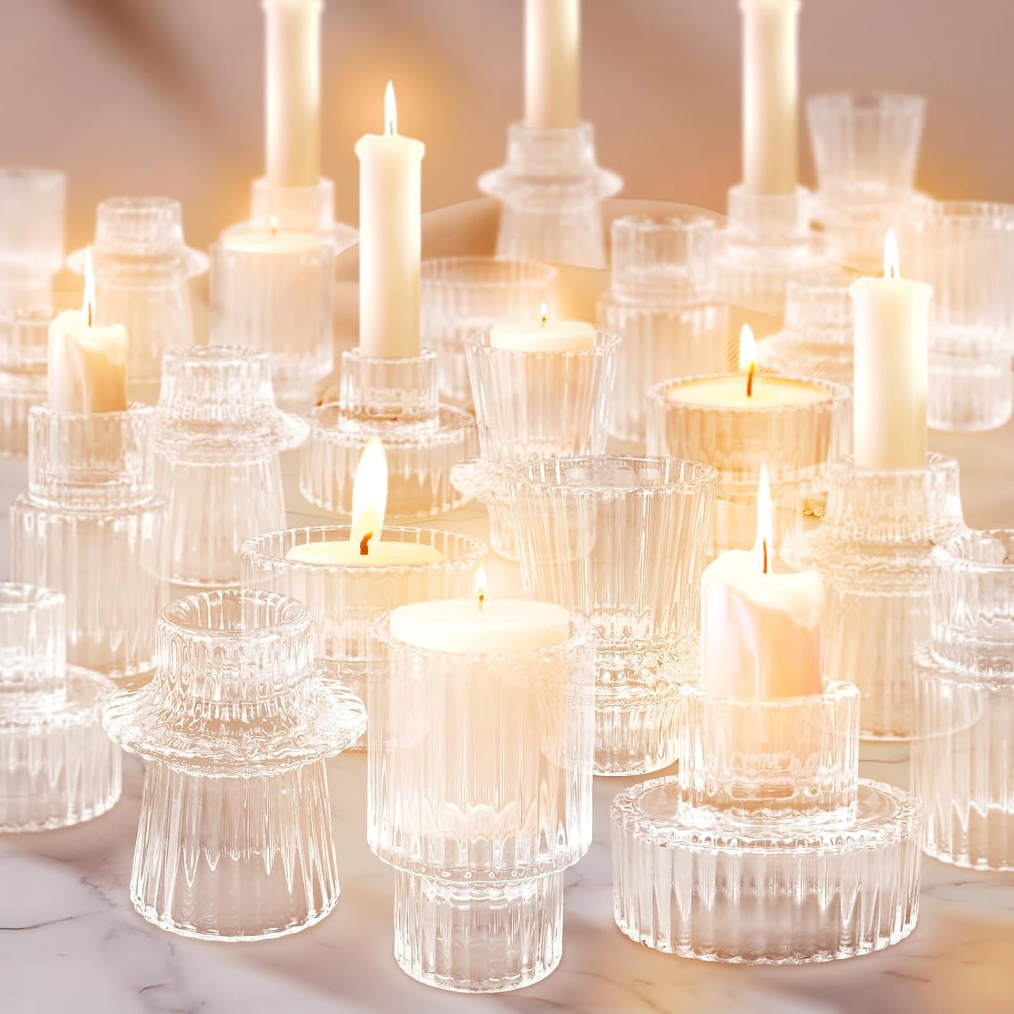 Clear Glass Double-Sided Candle Holders Set (30 Pieces), Tealight & Taper Compatible